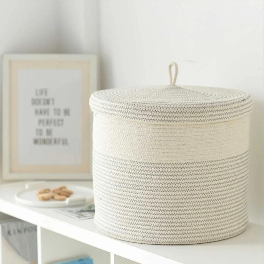 Cotton Rope Storage Basket with Lid Large Capacity Collapsible Laundry Storage Bag Organizer for Living Room Bedroom Kids Toys