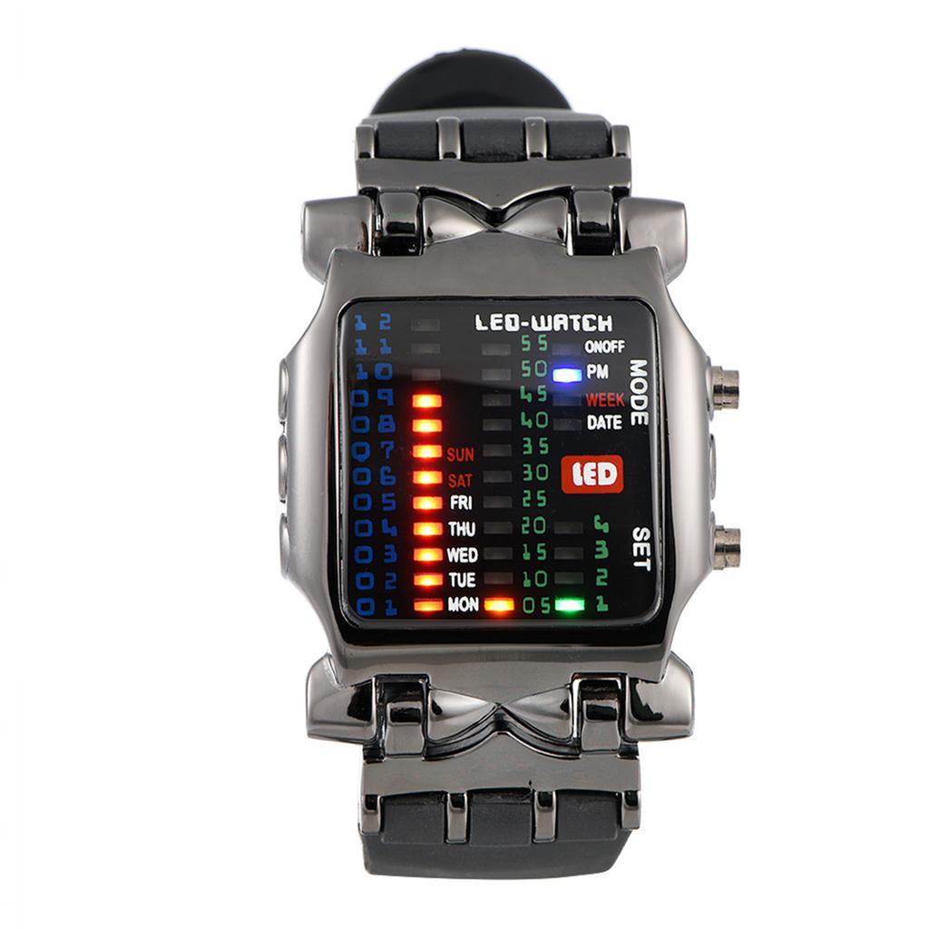 Unisex LED Electronic Watch PU Strap Date Function Wristwatch with Binary Display for Men Women