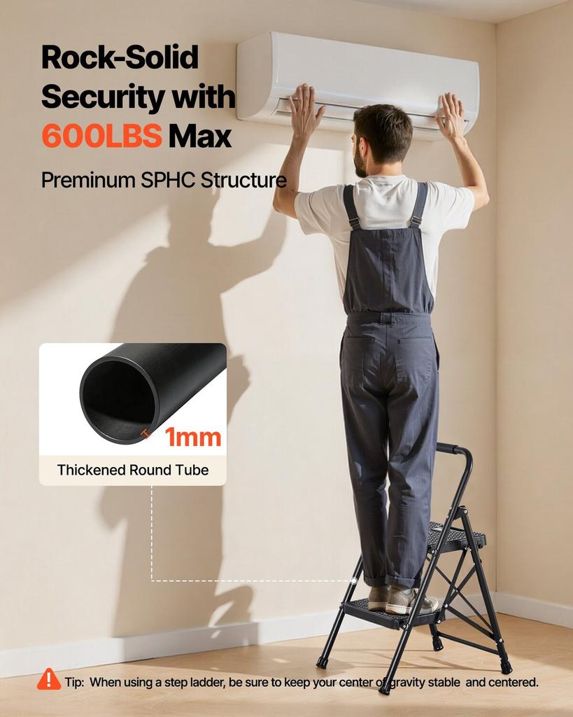 2 Step Ladder, Folding Step Stool with Wide Anti-Slip Pedal and Comfort Handgrip, Lightweight 272 kg Capacity Portable Steel Ladder, Multi-Use for