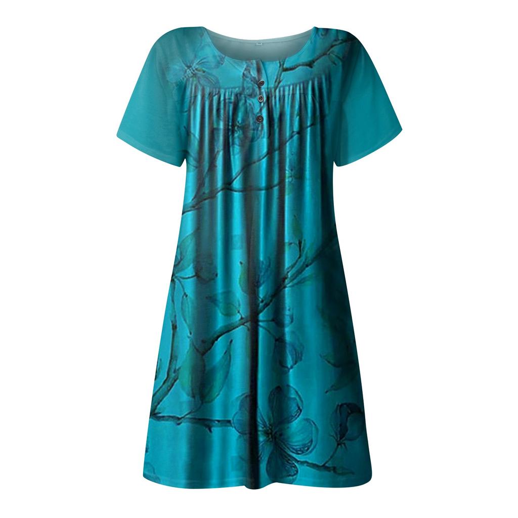 Ladies Casual Round Neck Button Ruched Trim Printed High Waist Loose Dress
