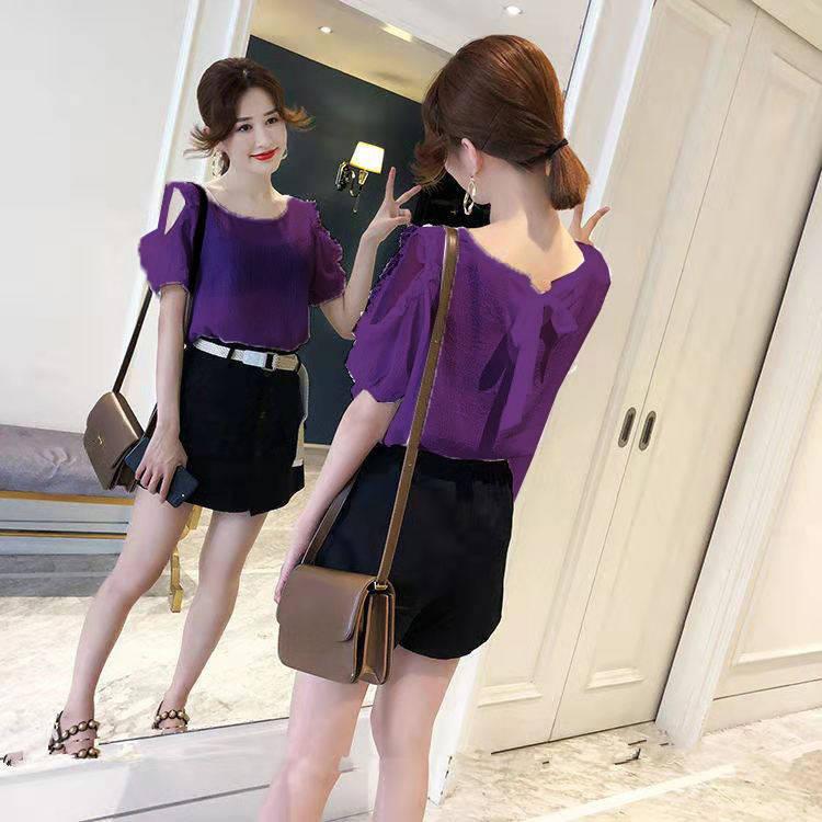 

Шифоновая женская рубашка с короткими рукавами в корейском стиле с модной строчкой 4XL фиолетовый