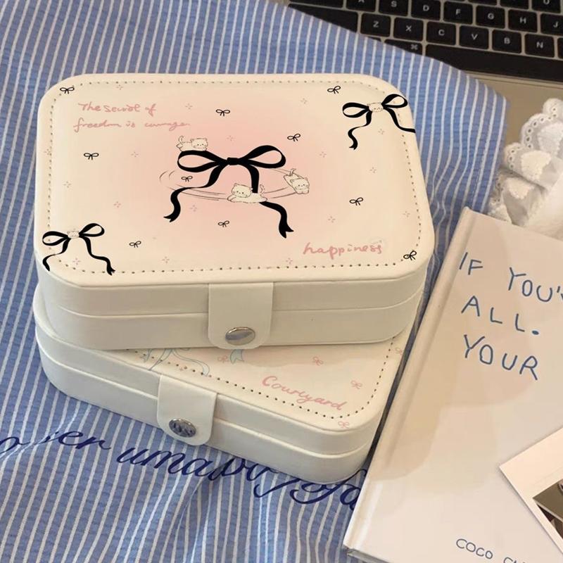 Kawaii Hello Kitty Jewelry Box Earrings Portable Necklace Ring Cute Pu Leather Storage Box Travel Mini Compact Accessory