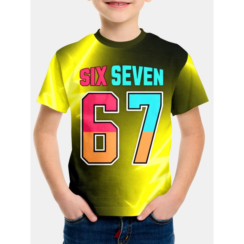 Tricou pentru băieți cu grafică cu numărul 67, imprimeu 3D, confortabil, cu gât rotund, mâneci scurte, top casual de vară pentru fiecare zi, sport, tricou pentru copii