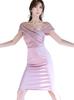 CA3 Fair Size Midi Dress with Open and Perfect for Cabaret Clubs and Parties Women's (Pale Pink, M) Tight, Glitter, Off-the-Shoulder, Sleeveless,