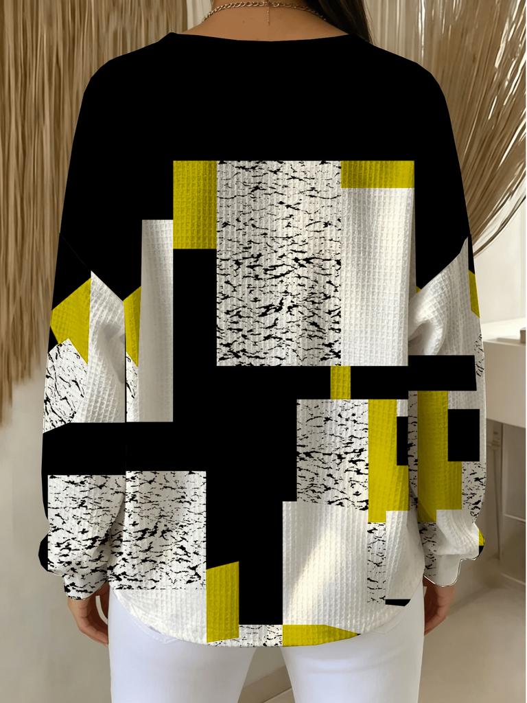 All-print plus size women's round neck buttoned waffle sweatshirt with geometric block print design