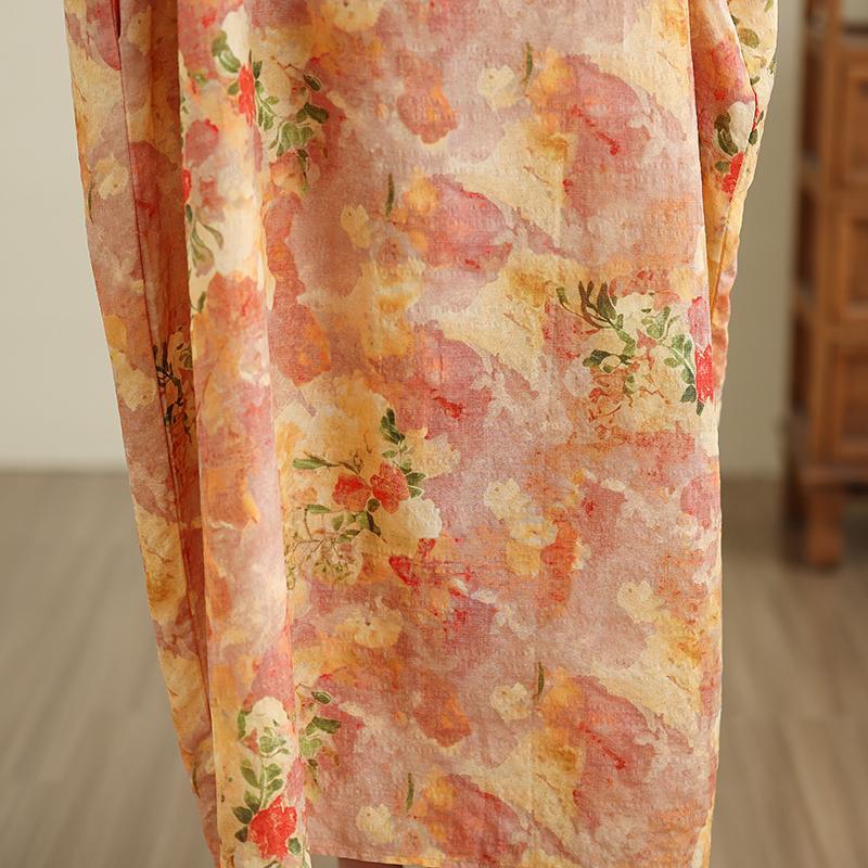 DIMANAF 2025 Plus Size Summer Women Printing Long Dress Short Sleeve Vintage Casual Linen V-Neck Basic Loose Dress