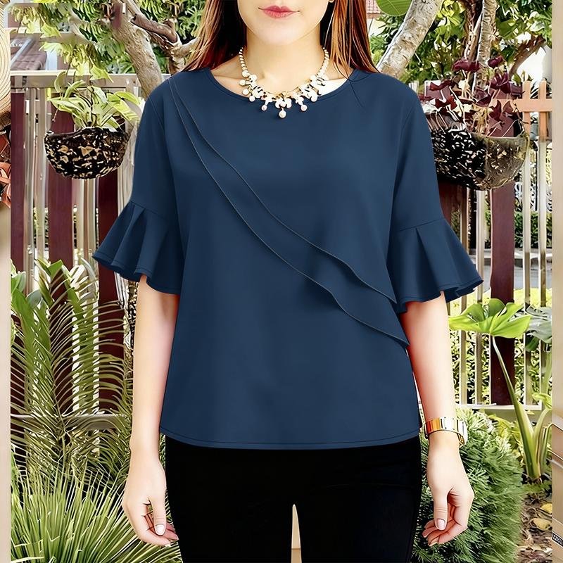 ZANZEA Women Casual Round Neck Solid Color Ruffles Half Sleeve Blouse