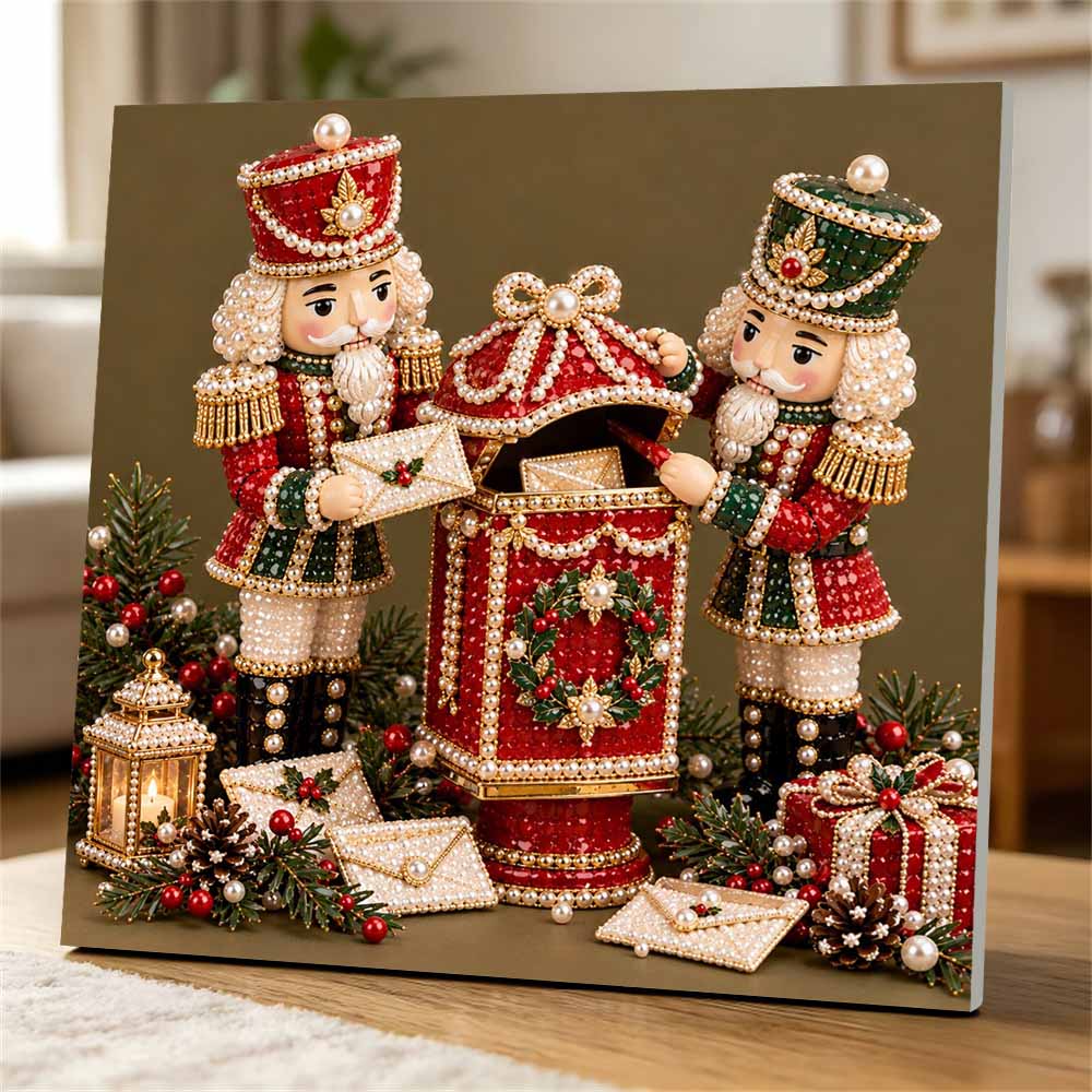 Handmade Framed Pearl Painting Set with Christmas Nutcracker and Letter Box Design 5D Shiny Bead Art Canvas Creative Craft for Holiday Room Decor
