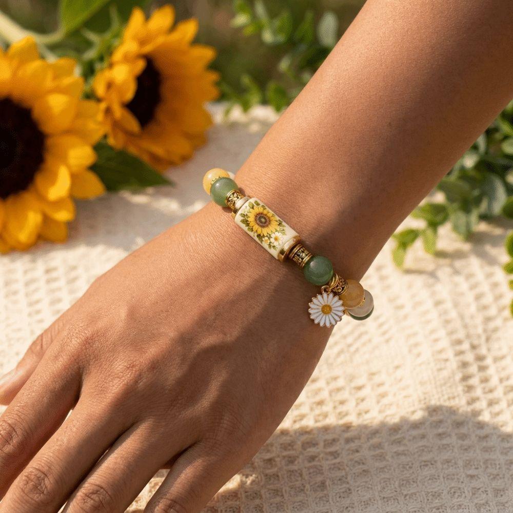 Stainless Steel Beaded Stretch Bracelet Sunflower Bee Pendant Hand Chain Charm Bracelet Garden
