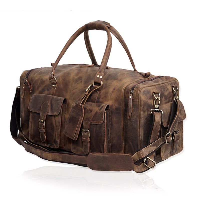 Duffelbag i skinn, weekender i skinn, helgeveske i skinn, reiseveske i skinn, overnattingsveske i skinn, duffelbager for menn til ektemann, pappa, holdall i skinn