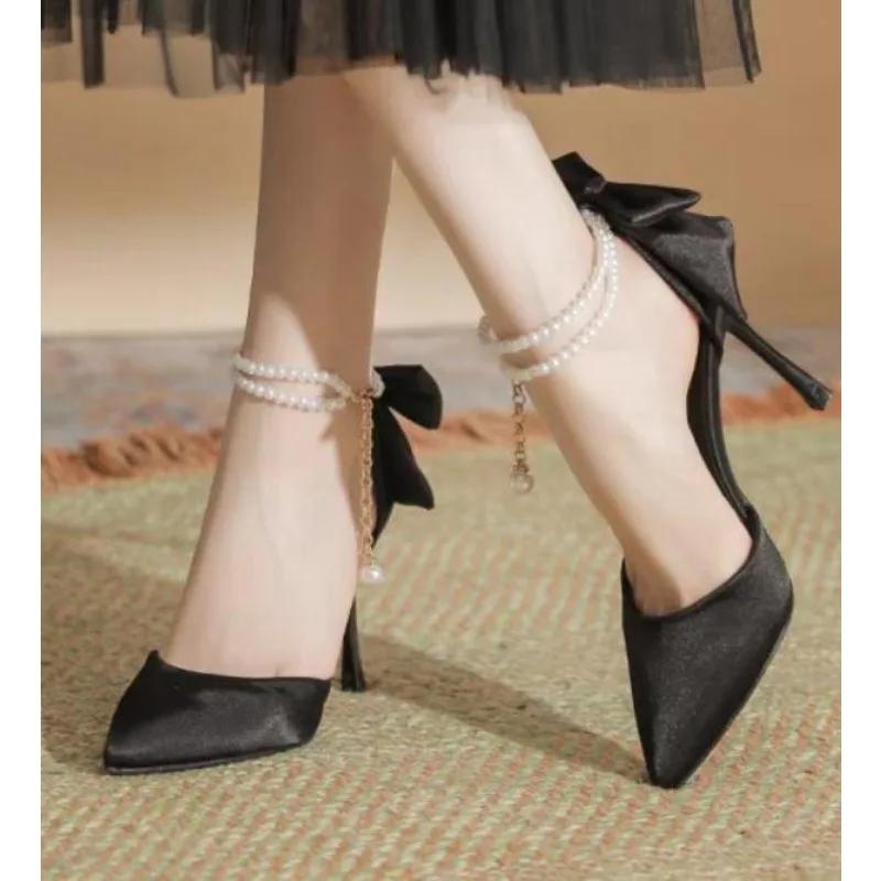 Fashion New Women Thin Heel Hollow Sandals Woman Pearl Butterfly Pointed Toe High Heels Pumps Womens Drees Shoes Wedding Shoes