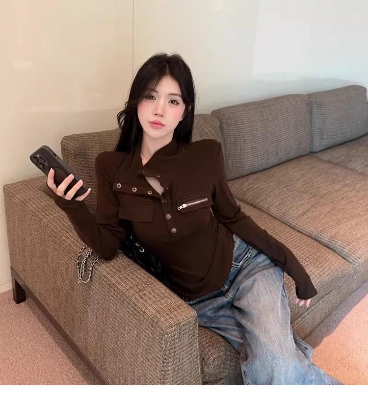 Women's Spicy Girl Style Stand-Collar Slimming Slim-Fit Long-Sleeve T-Shirt, Autumn/Winter, Stylish Waist-Cinching Base Layer