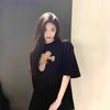 Catty Black Short-sleeved T-shirt Women's Summer New Front Shoulder Loose Oversize Retro Trendy Top Trendy