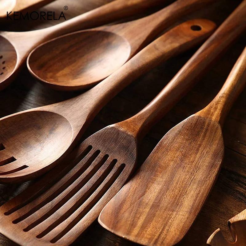 7/10 PCS Thailand Teak Natural Wood Tableware Ladle Turner Long Rice Colander Soup Skimmer Cooking Spoons Scoop Kitchen Tool Set