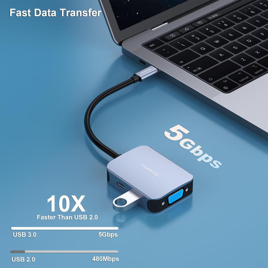BENFEI USB C USB C auf HDMI VGA USB PD Lade HDMI VGA Konverter Thunderbolt iPhone 15 MacBook iPad XPS 4-in-1 Hub, 3.0 Adapter, Typ-C Adapter, 3/4