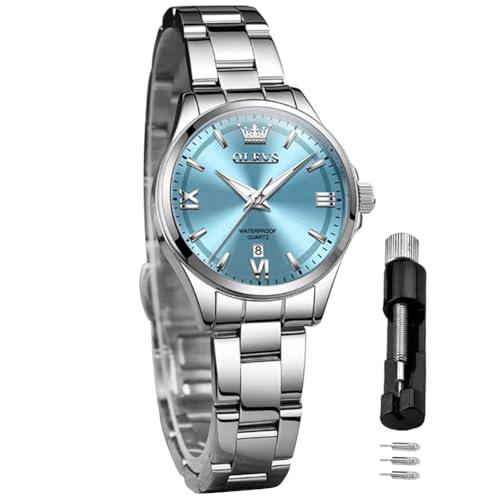 OLEVS Women's Watch Quartz Stainless Steel Band Classic Dial Luminous 30m Waterproof Business Watch Blue-3688