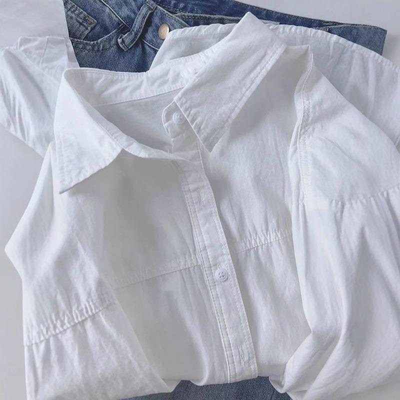 New Cotton Shirt Women Large Size Long Sleeved Loose Long Shirts Jacket Lapel Sweet Office Spring Autumn Blouse Simple Casual Tops Basic Clothing