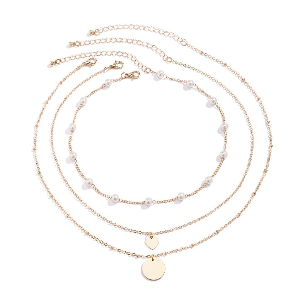 Thin chain multi-layer necklace set female, simple imitation pearl geometric disc, sweet and cold style item