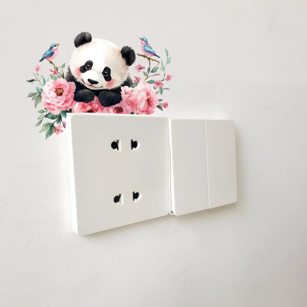 Aquarell-Blumen mit Rotem Panda Schalterplatten-Aufkleber für Schlafzimmer Wohnzimmer Hintergrundwand-Dekor Abnehmbare Folie
