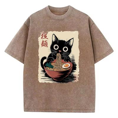 T-shirt Gatto Ramen Stile Giapponese Oversize Cotone Lavato Vintage T-shirt Grafica Casual Streetwear Primavera Estate