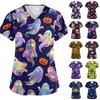 Womens V Neck Short Sleeve Work Top with Pockets Halloween Print Nurse Scrub Shirt Comfortable Fit Medical Uniform