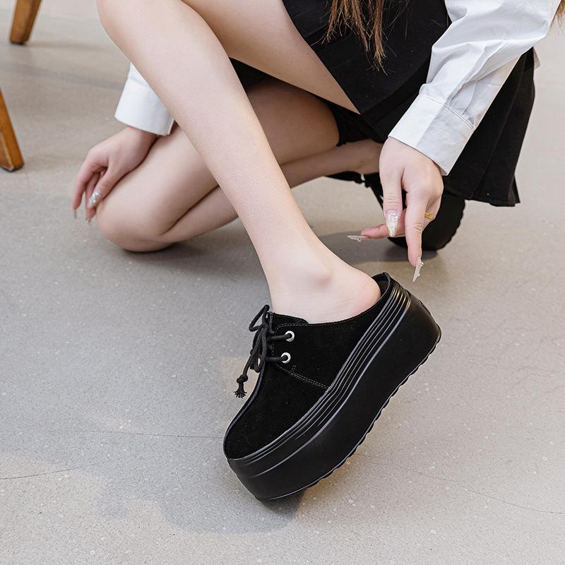 

Женские летние полушлепанцы без пятки с закрытым носком, новые 2025, однотонные, на шнуровке, для улицы, полуподнос 8 см, тренд 39 чёрный