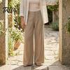 Bequeme Hose Baumwolle Leinen Weites Bein für Damen, Lockerer Knopf Elastischer Bund Arbeitsbund Freizeit Hose, Einfarbige Palazzo mit Taschen