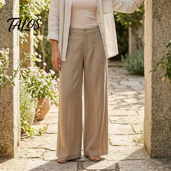 Bequeme Hose Baumwolle Leinen Weites Bein für Damen, Lockerer Knopf Elastischer Bund Arbeitsbund Freizeit Hose, Einfarbige Palazzo mit Taschen