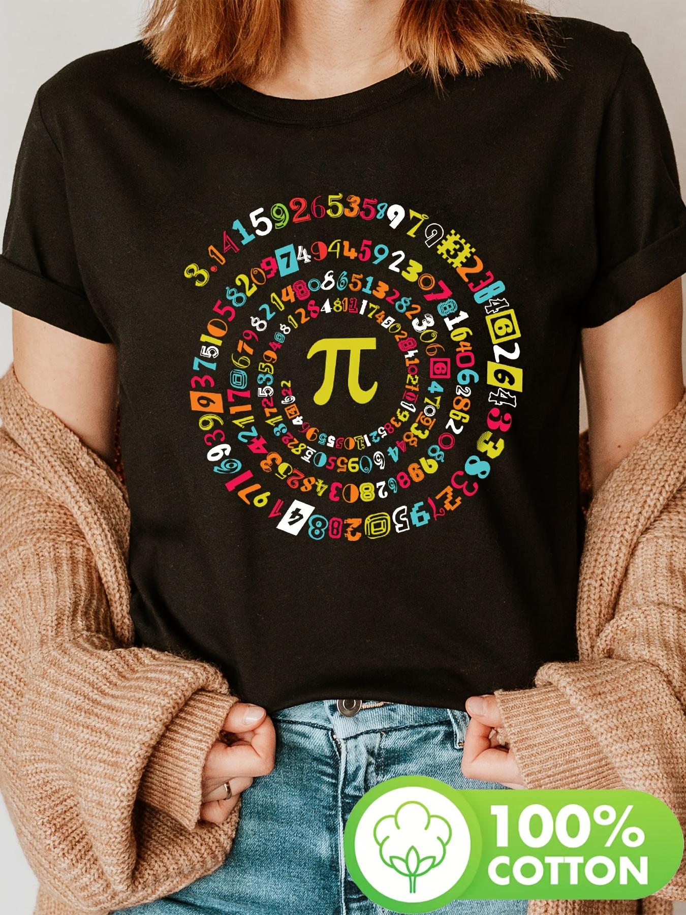 [Math Print T-Shirt] Spiral Pi Math Print T-shirt - Women s Short Sleeve Crew Neck Casual Top for Summer & Spring Clothing S разноцветный