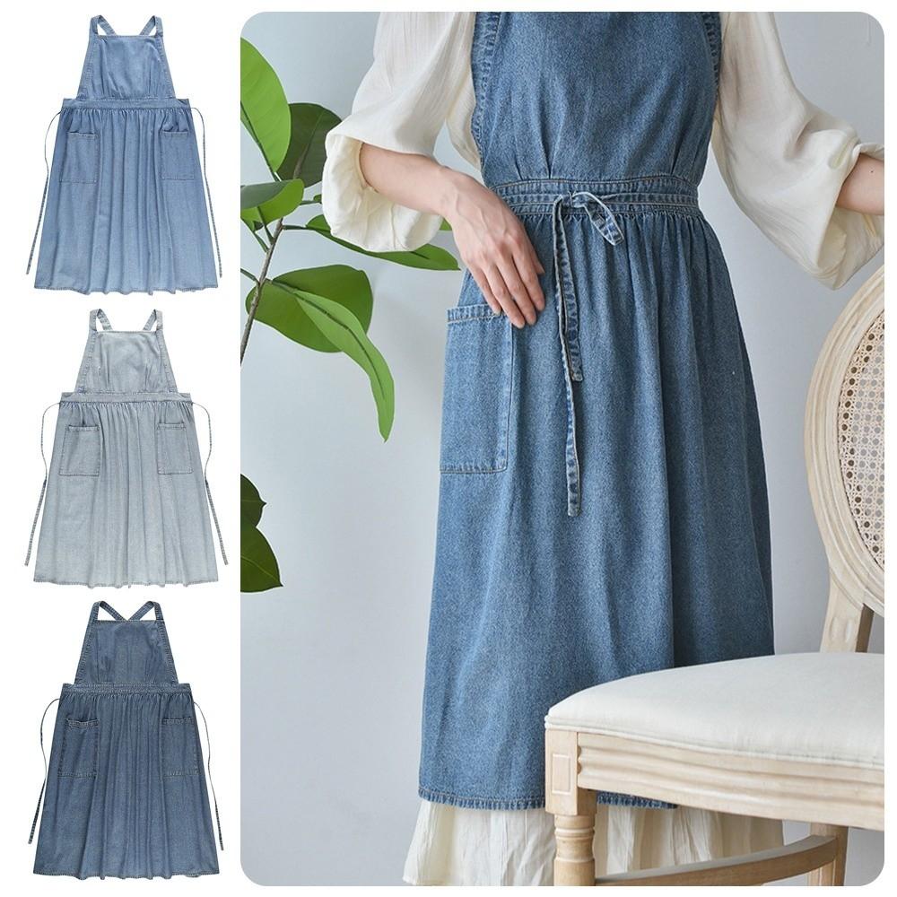 Vintage Denim Apron Premium Cotton Canvas Heavy-Duty Apron Adjustable Waist Machine Washable Bib Apron Kitchen Cooking Baking