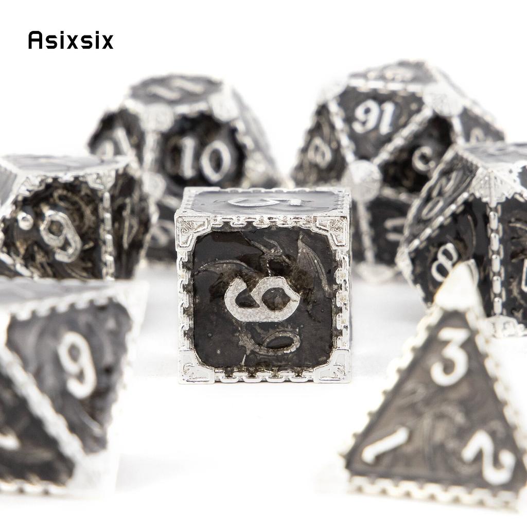7 Pcs Black White Dragon Metal Dice Solid Metal Polyhedral Dice Set Suitable for Role-Playing RPG  Board Game Card Game