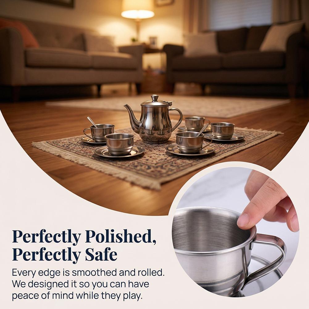 Kids Stainless Steel Tea Set Pretend Play Kitchen Toy Heat Resistant Safe Teapot Cups For Boys Girls Preschool Learning