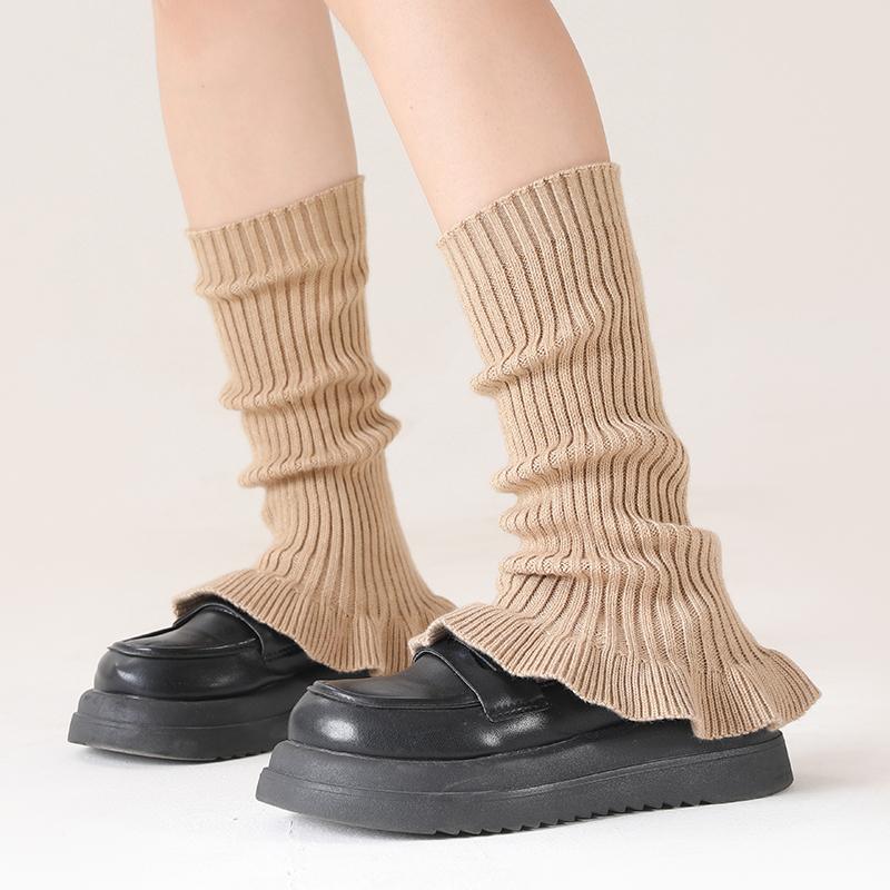 Autumn&Winter Solid Color Horn Knitted Stacked Stocking Women's Vertical Strip Warm Woolen Socks Cover Mushroom Lace Leg Cover