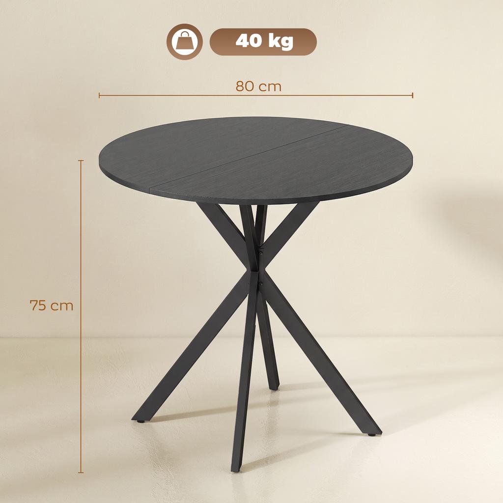 Round Dining Table for 2 People with Wood-Look Top and Crossed Steel Base, Black