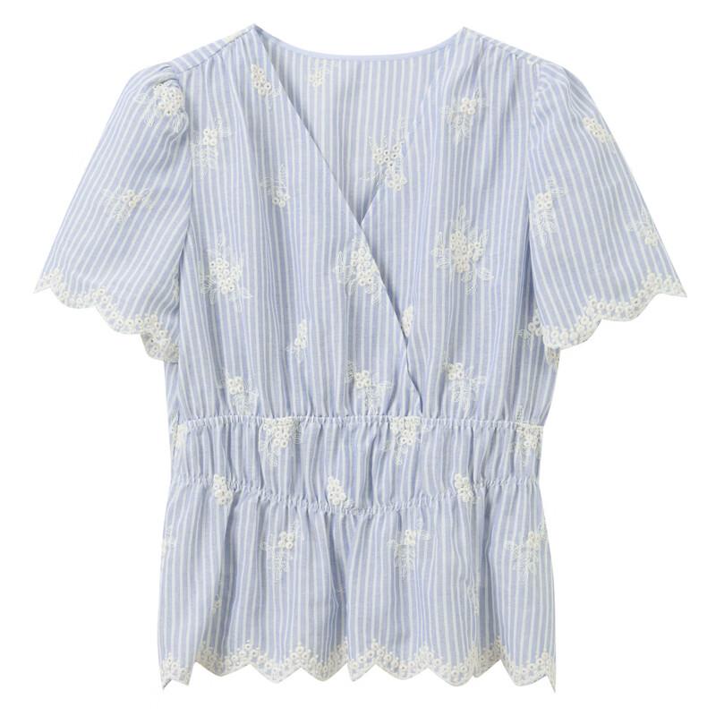 Sancai 2026 Summer Striped Embroidered V-Neck Blouse