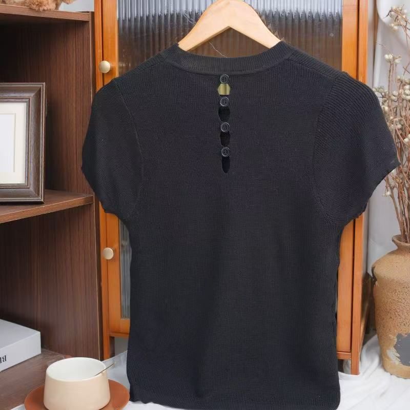 

Новый дизайн женского топа с короткорукавным ажурным вязаным свитером One Size чёрный