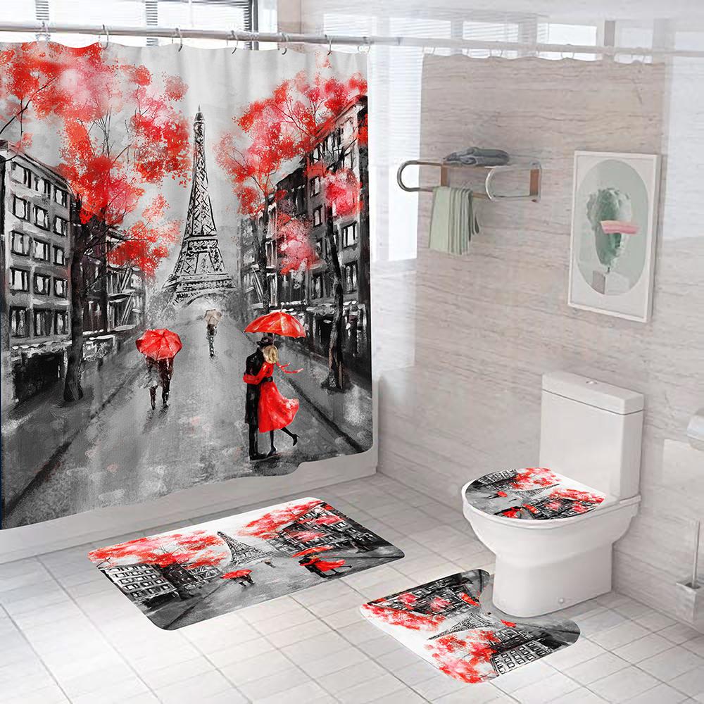 Paris Eiffel Tower Shower Curtain Set With Rugs Waterproof Curtain Bathing Screen Anti-Slip Toilet Lid Cover Rugs Bathroom Decor