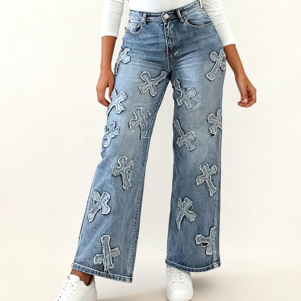 Jeans da donna a vita alta lavati, pantaloni alla moda versatili a gamba dritta
