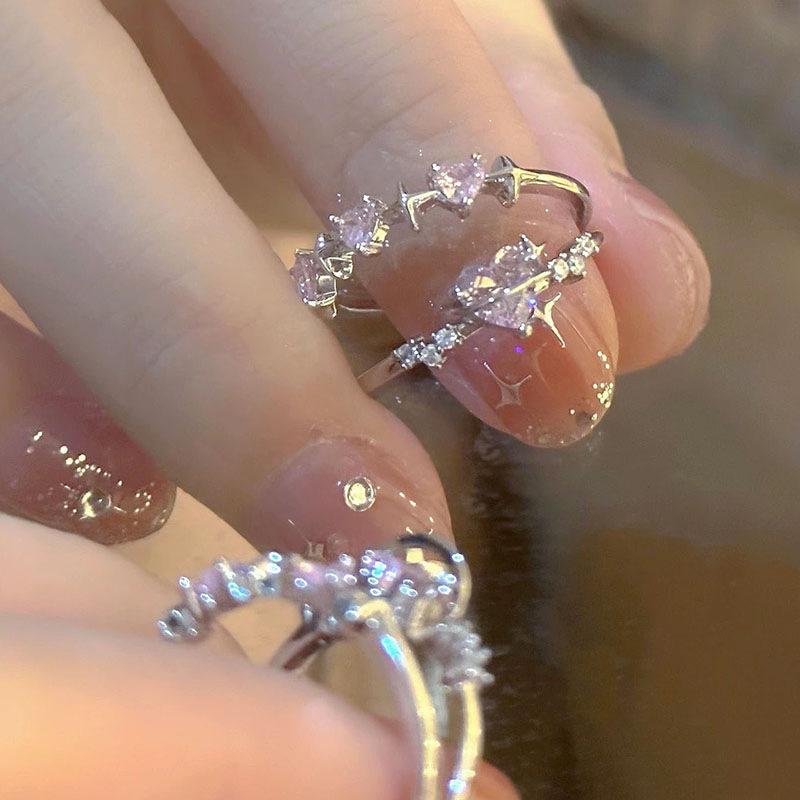 Y2K Style Sparkling Pink Zircon Bride Rings for Women Couples Korean Trendy Heart Star Geometric Wedding Party Jewelry
