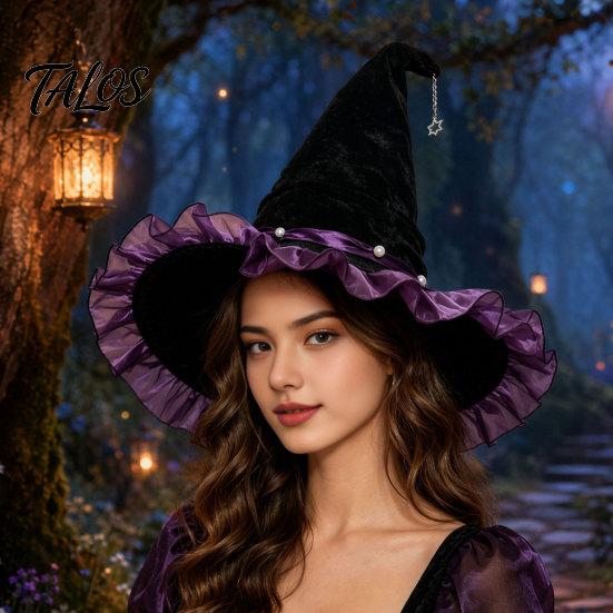 Halloween Witch Hat for Women, Velvet Wizard Hat with Ruffle Brim And Bow for Halloween Party, Masquerade, Cosplay Costume Accessory