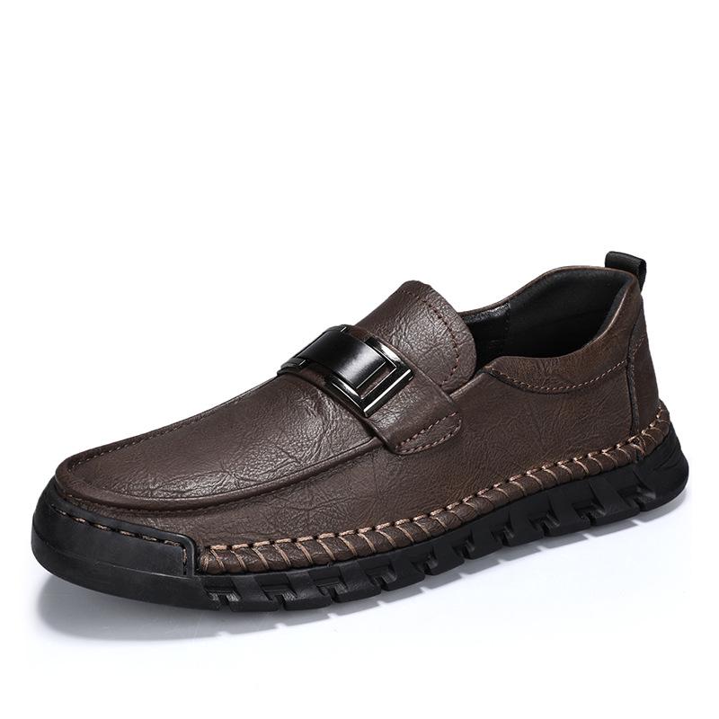 Men s Large Size Hand-Stitched Casual Leather Loafers - Soft Sole Wide Toe Shoes 45