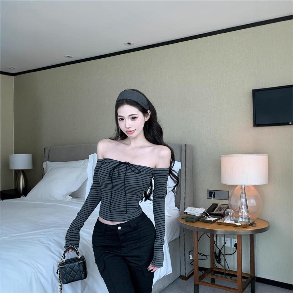 One-word neck retro striped long-sleeved T-shirt women's spring slim-fit tight bottoming shirt Spice Girl short off-shoulder top