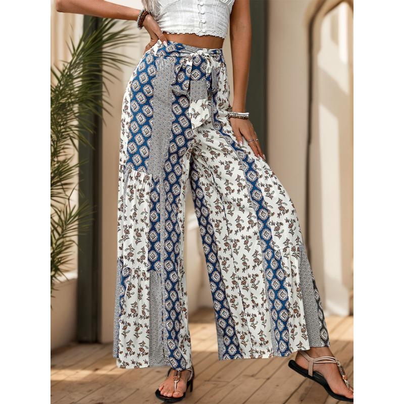 Casual Vacation Style Lace-up Geometric Floral Print Wide-leg Pants for Women