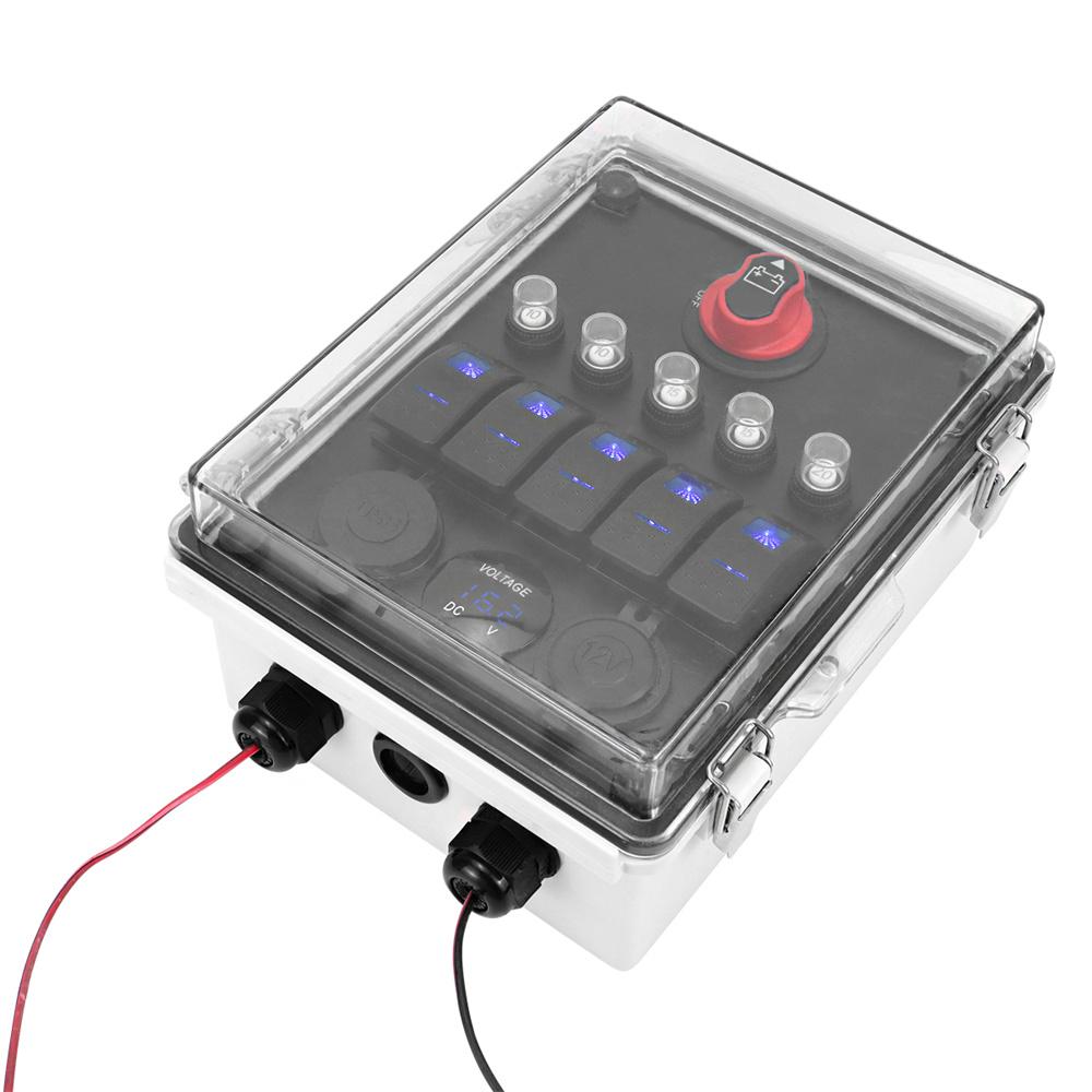 12V 20A 5 Gang Marine Rocker Switch Panel Waterproof Circuit Box LED Voltmeter