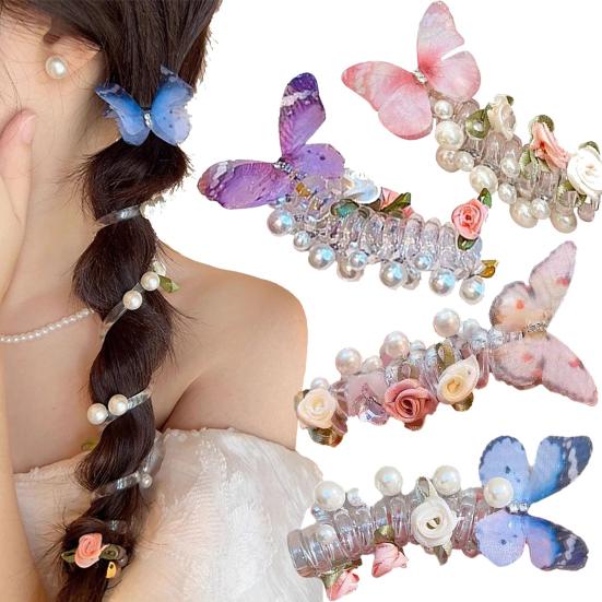 4 Stück Haargummi Spirale Haargummis Blume Schmetterlinge Dekor Pferdeschwanzhalter Dutt Zopf Elastische Rutschfeste Haarbänder Haarstyling-Werkzeuge