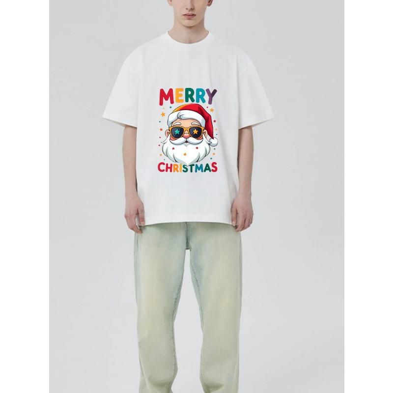 Merry Christmas Santa Claus T Shirt Black Color with Cartoon Santa Wearing Sunglasses and Stars Print for Holiday Party and Festive Season