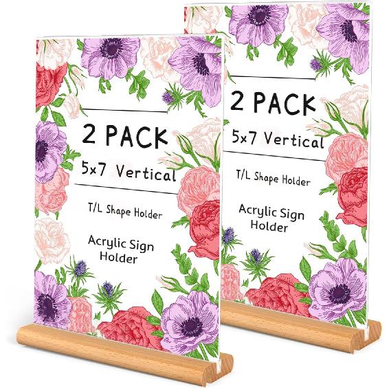 trophable Acrylic Sign Holder, L/T Shape Clear Acrylic Frames Wood Base Table Menu Display Stand for Office School Restaurant (Clear 5x7 inch 2Pack) 5x7 inch 2Pack