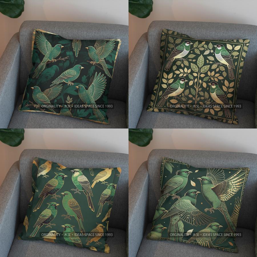 2D Elegant Green Birds Patterned Pillow Cover Pattern Cushion Cover Suitable For Sofa Bedroom Car Pillow Cover