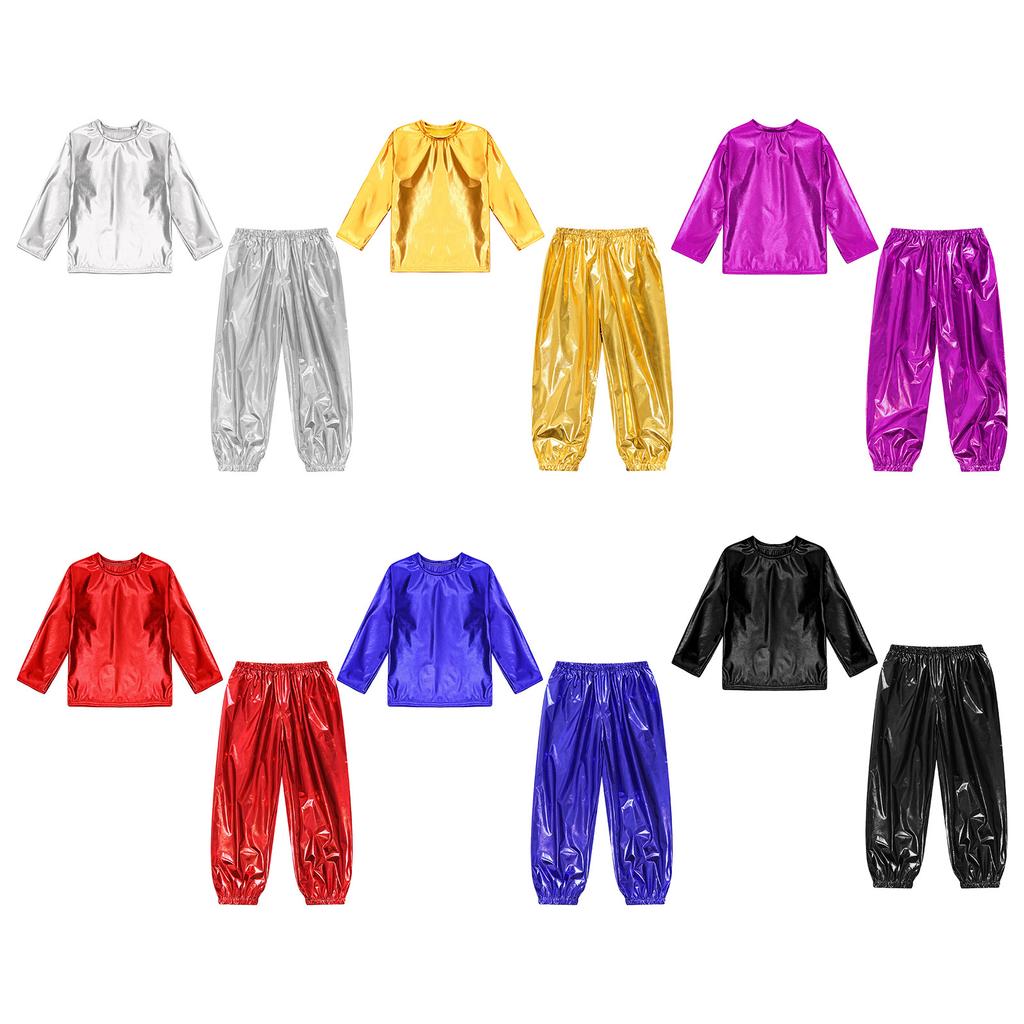 Glänzendes Metallic Tanzoutfit für Kinder Mädchen: Passendes Langarm-Oberteil und Hosen-Set, Perfekt für Jazz, Hip-Hop & Party-Kleidung