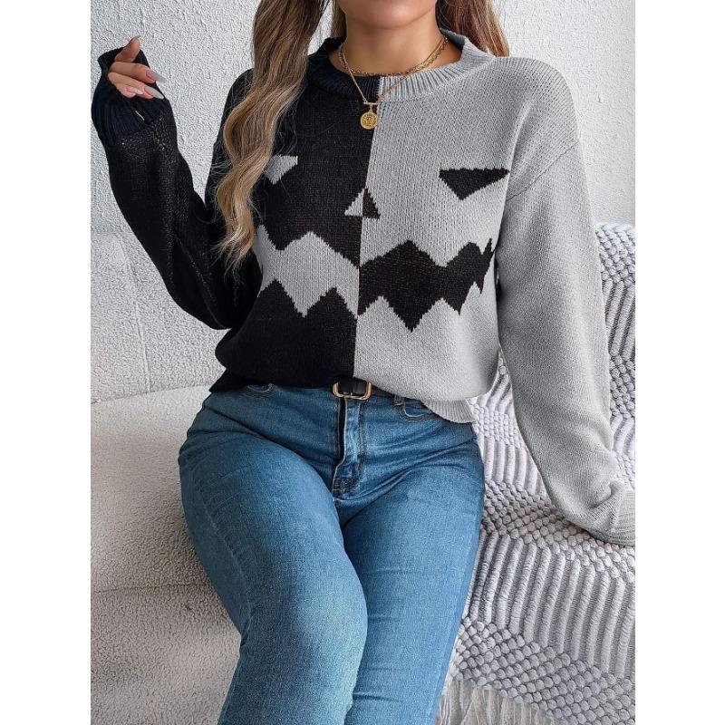 Autumn and Winter Women Halloween Pumpkin Contrast Color Knitted Long Sleeve Loose Sweater